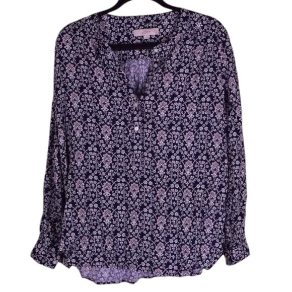 LOFT Tops - Ann Taylor Loft Women's Blue Floral Rayon Hi-Lo Button Down Top Blouse - Size S